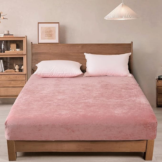 PHF Truly Velvet Fitted Sheet Only Twin Size, Luxury Super Soft Cozy Fuzzy Flannel Bottom Sheet, Deep Pocket Up to 16",Strenghth Elastic Band, Suitable for Fall Winter Spring, No Pillowcases, Pink