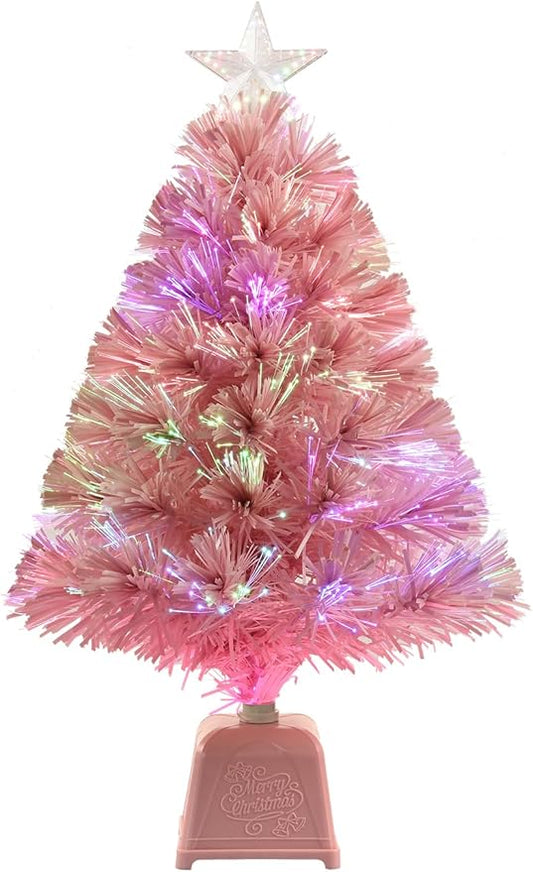 24inch Pink Fiber Optic Christmas Tree,Pre-Lit Artificial Mini Christmas Tree, Tabletop Small Xmas Tree with Stars Holiday Home Decorations