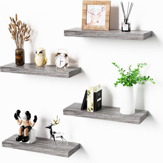 Bellsal Floating Shelves for Wall, Gray Engineered Wood Wall Shelf Set of 4, 16" Walls Mounted Floating Shelf for Kitchen, Living Room, Bedroom, Bathroom Storage, Book Shelfs for Home Decor