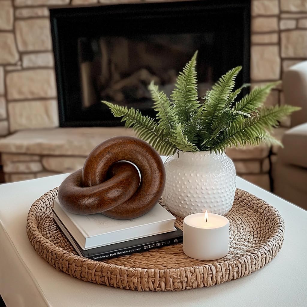Table Decor Handcrafted Wooden Knot Sculpture Decor – Modern Nordic Style Decorative Accent for Home, Office, Shelf, and Console Table – Dark Walnut Finish, 7"x4.7"