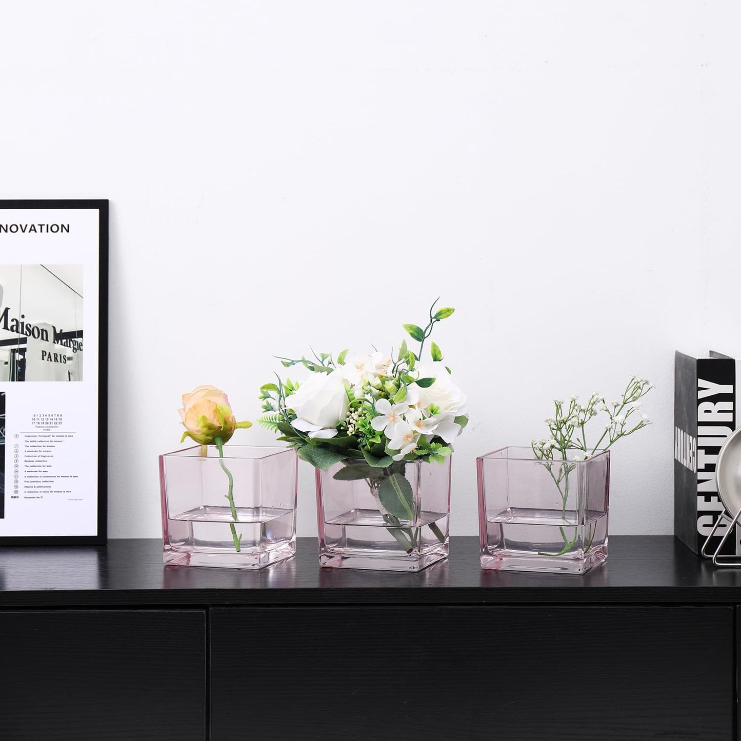 Square Glass Vases Set of 4, 5" x 5" x 5" Pink Flower Vases for Centerpieces, Square Vase for Flowers, Small Vase for Wedding, Party, Home Office Decoration