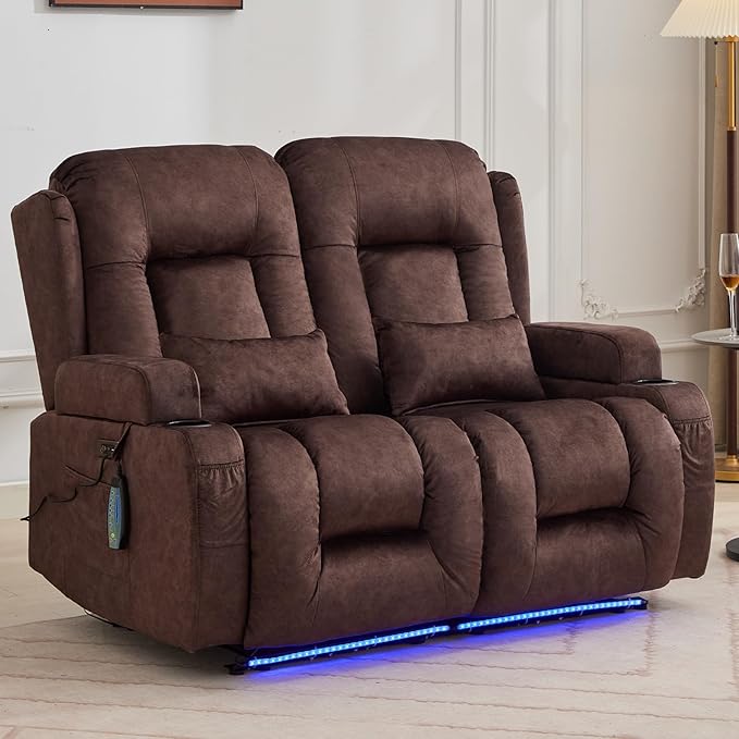IPKIG 54" Power Loveseat Recliner Sofa, Electric Home Theater Seating with Massage Heat/4 Colors Ambient Lights/USB Port/Side Pocket/Cup Holder for Living Room, Bedroom, RVs(Brown, 2 Seater)