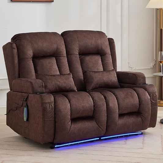 IPKIG 54" Power Loveseat Recliner Sofa, Electric Home Theater Seating with Massage Heat/4 Colors Ambient Lights/USB Port/Side Pocket/Cup Holder for Living Room, Bedroom, RVs(Brown, 2 Seater)