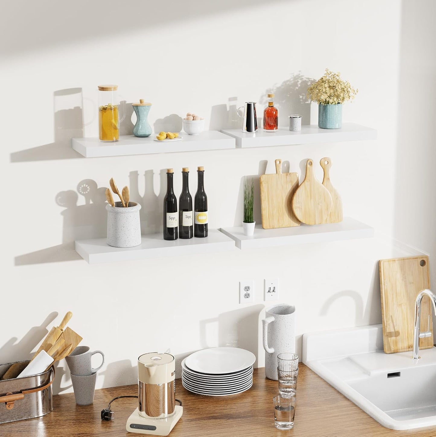 Bellsal Floating Shelves for Wall, White Engineered Wood Wall Shelf Set of 4, 16" Wall Mounted Floating Shelf for Kitchen, Living Room, Bedroom, Bathroom Storage, Book Shelf for Walls Home Decor