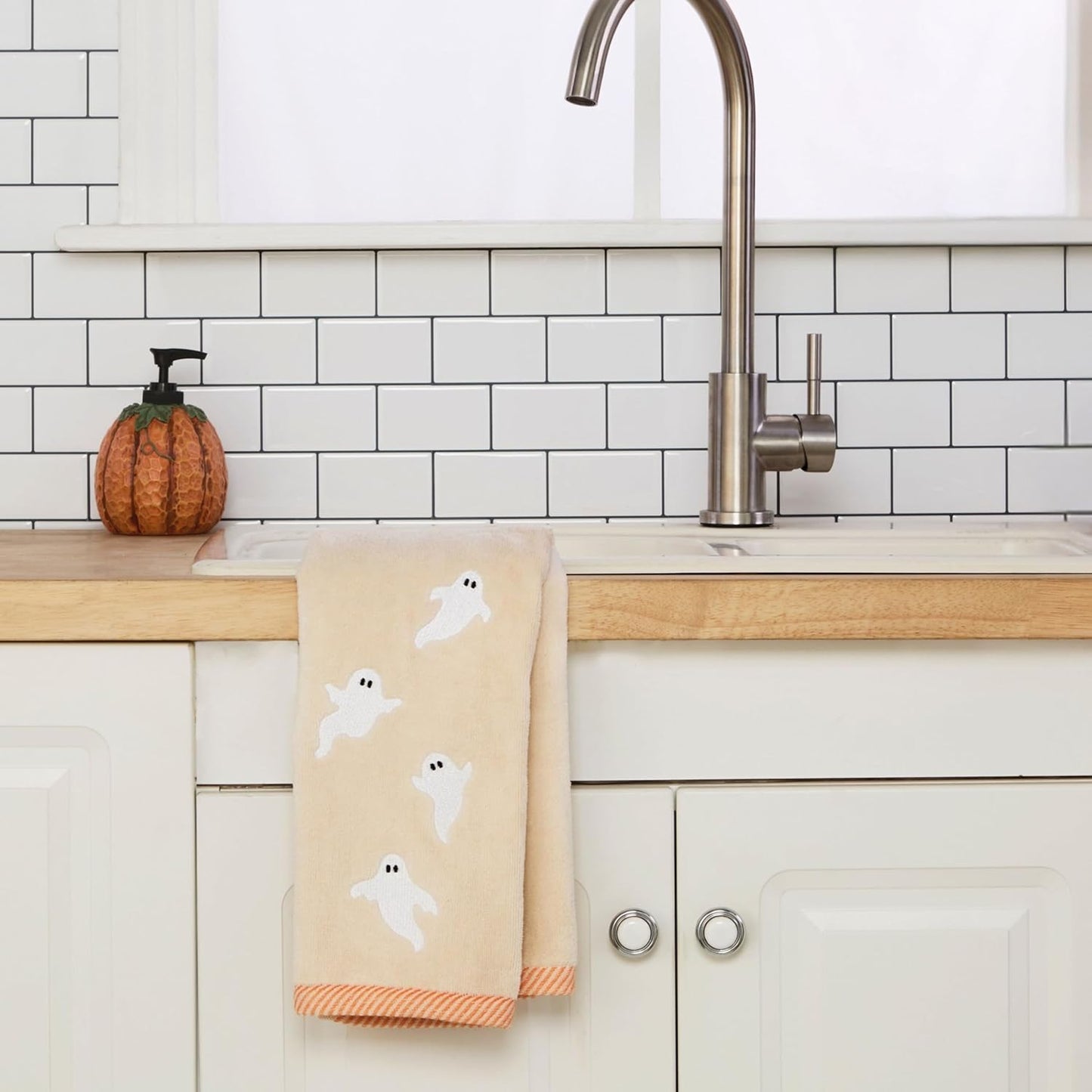 SKL Home Halloween Tossed Ghosts 100% Cotton Embroidered 2pc Hand Towel Set, Decorative for Bath/Kitchen/Bar & Gift, Taupe