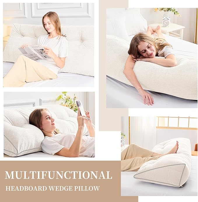 Sasttie Headboard Pillow King, Wedge Pillow Headboard for Sitting Up in Bed, Back-Rest Support Triangular Cushion for Reading - Features Removable Washable Cover, White