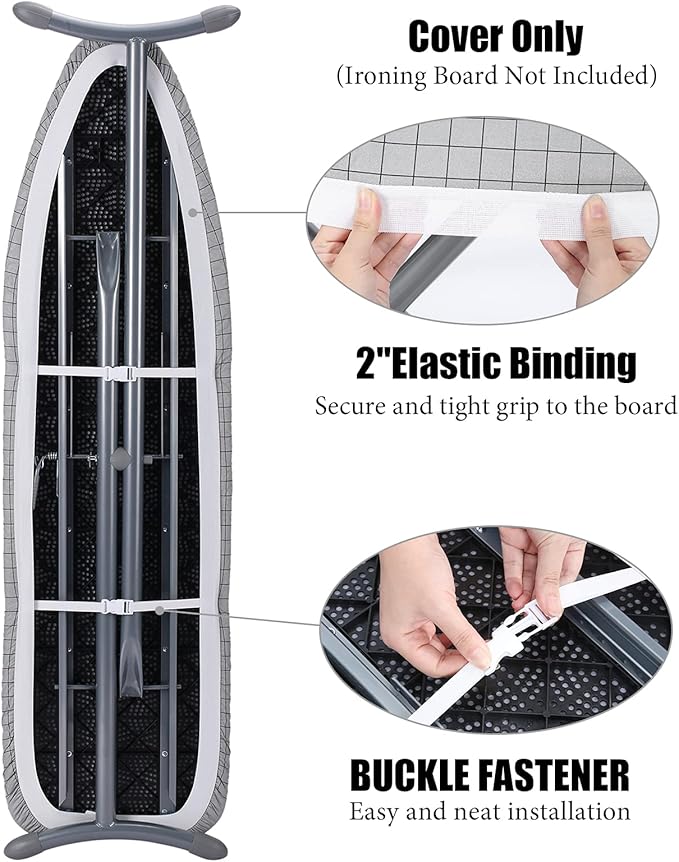 Ironing Board Cover- 15" x 54" Standard Iron Cover and Pad 4 Layers Thick Padding 2'' Elastic, Stain Resistant & Durable Scorch, 2 Click Buckles and Easy Installation, French Curve