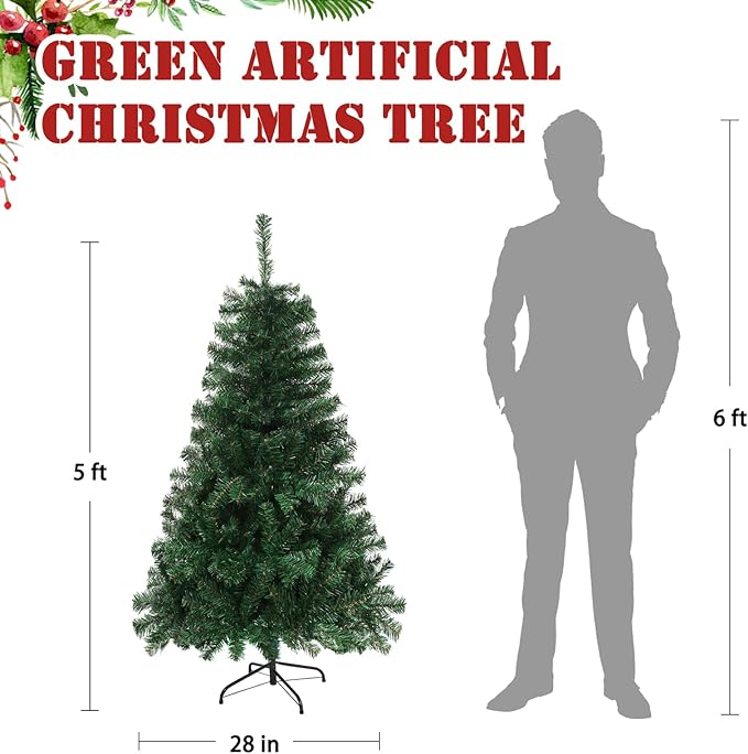 5FT Green Christmas Tree, Small Spruce Artificial Holiday Xmas Tree with 600 PVC Branch Tips & Foldable Metal Stand for Home, Office, Party Decoration