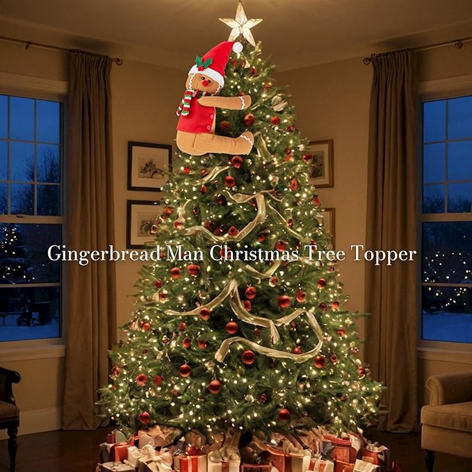 Gingerbread Christmas Tree Topper Decorations,Gingerbread Ornament Doll Tree Hugger Decor for Curtain Wine Bottle Christmas Tree Holiday Home Decor, 11" x 15"