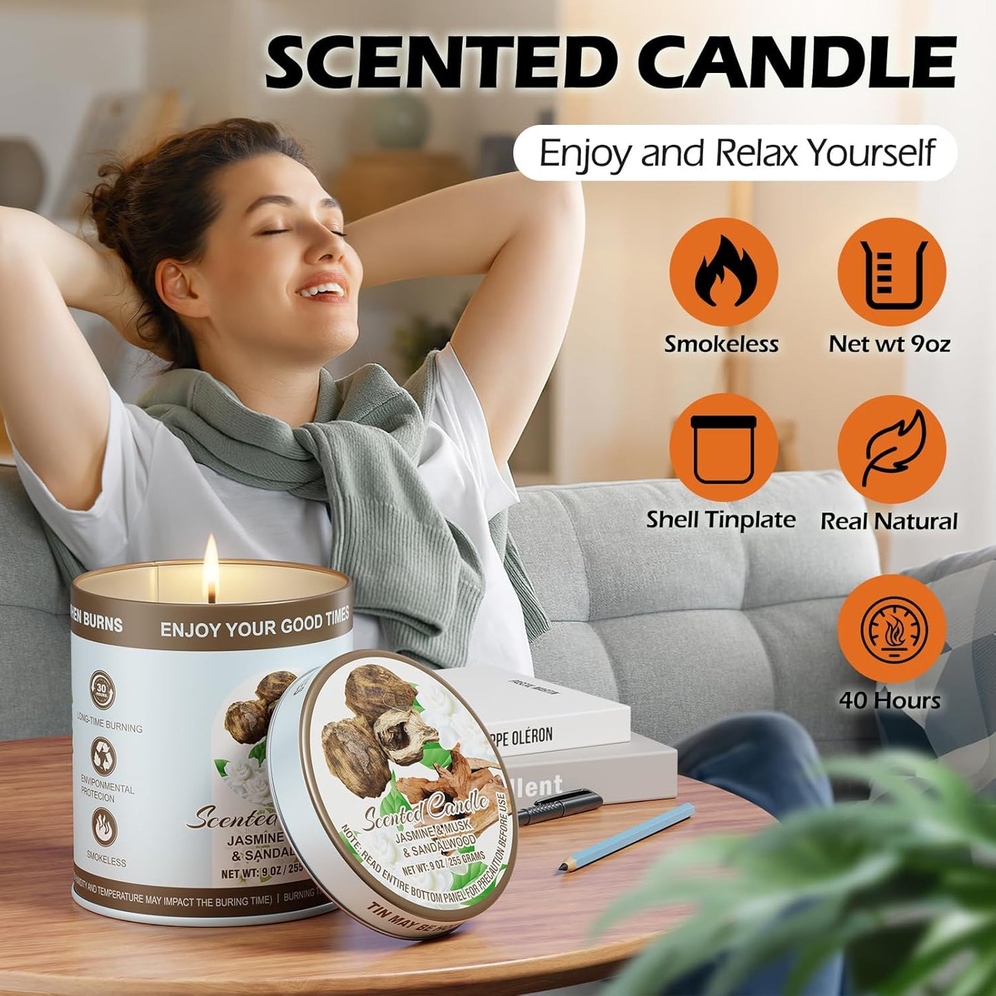 Luxury Jasmine&Musk&Sandalwood Scented Candles Set | 2 Pack,510g,8% Essential Oils,80H Burun | Clean Burning Smokeless Soy Wax for Aromatherapy, Meditation, Yoga | Relaxation Gift for Women & Men