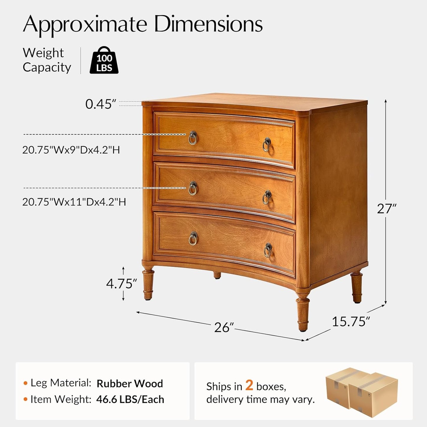 HULALA HOME 3 Drawer Nightstands Set of 2 with Charging Station, 26" Wide Nightstands with Solid Wood Legs and Curved Profile, Classic Bedside Tables for Living Room Bedroom, Acorn