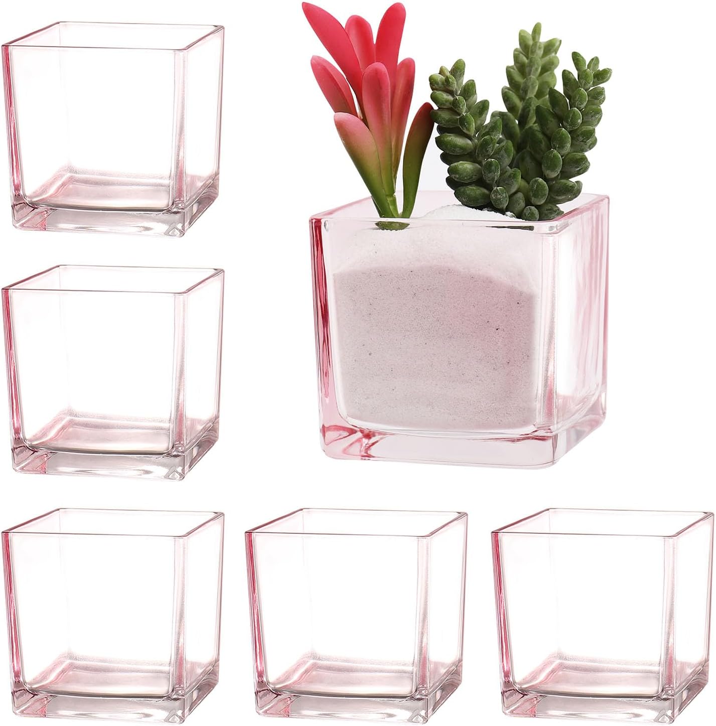 Square Vases Set of 6, 3"x 3"x 3" Glass Vases for Flowers, Square Flower Vase for Centerpieces, Small Pink Vase for Wedding, Party, Home Office Decoration