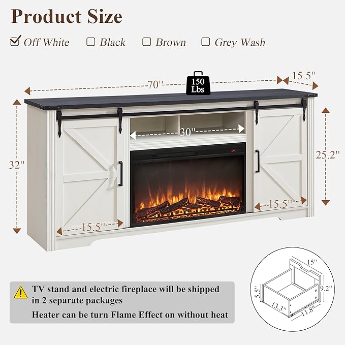 JXQTLINGMU Farmhouse Fireplace TV Stand for 80 Inch TV, 32" Tall Entertainment Center w/Drawer & Sliding Barn Door, 70 Inch Highboy Media Console for Living Room, Off White