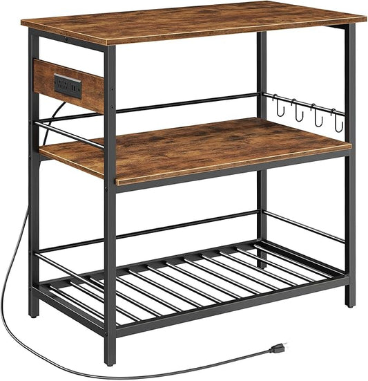 HOOBRO Kitchen Island with Storage, Kitchen Island Table with Power Outlet, 47.2" L 3 Tier Coffee Station and Microwave Stand, for Home, Kitchen and Dining Room, Rustic Brown and Black BF120UZD01