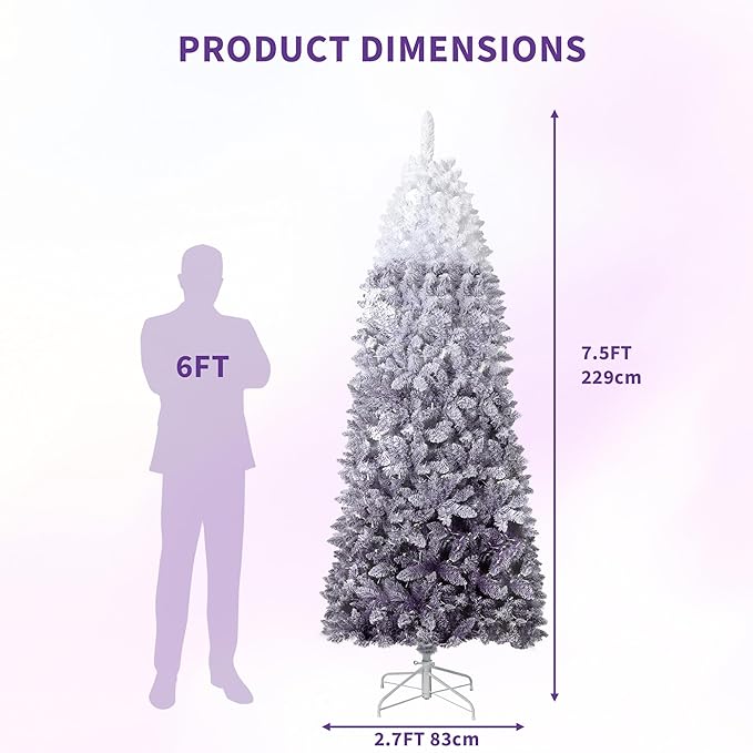 GarveeHome 7.5ft Snow Flocked Pencil Christmas Tree, Slim Artificial Christmas Tree with Sturdy Metal Stand, Skinny Xmas Tree Holiday Decoration for Home, Office, Purple Gradient