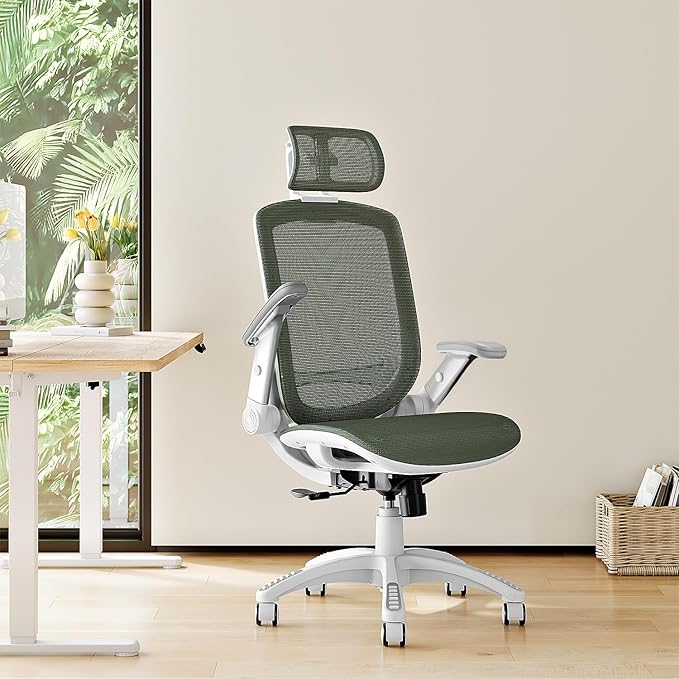 GABRYLLY Ergonomic Office Chair, High Back Home Desk Chair with Headrest, Flip-Up Arms, 90-120° Tilt Lock and Wide Cushion, 400LBS Mesh Chairs for Man Woman, White Task Chair(Olive Green,GY01WOG)