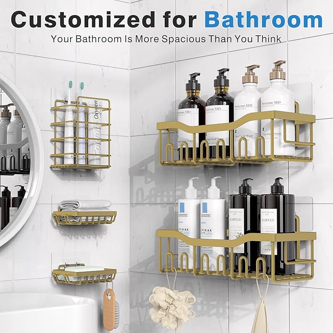 5-Pack Rustproof Stainless Steel Shower Caddy – No Drill Adhesive Bathroom Organizer with Large Capacity, Spacious Shower Shelves for Inside Shower, Kitchen & Home Decor Storage-XL Size