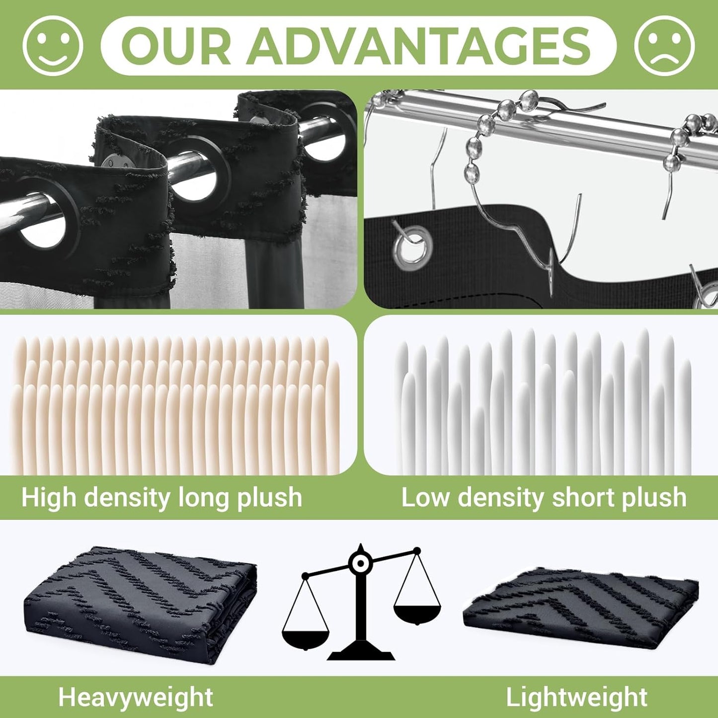 No Hook Shower Curtain with Snap in Liner, Tufted Chevron Striped Shower Curtain Set for Bathroom, Boho Waterproof and Washable Shower Curtains,71Wx77H, Black