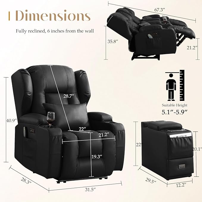 Wall Hugger Power Recliner Chair, Home Theater Seating Electric Recliing Sofa with Massage & Heat, Cup Holder, USB Port, LED Ambient Light, Storage for Living Room (Black, 3 Chairs)