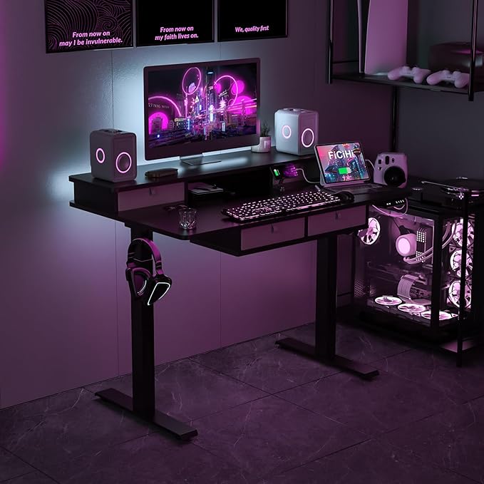 Adjustable Height Standing Desk with 4 Drawers,48 x 30 inches Electric Sit Stand Desk for Home Office,3 Memory Presets,Monitor Stand Riser,USB A/C Charging Port