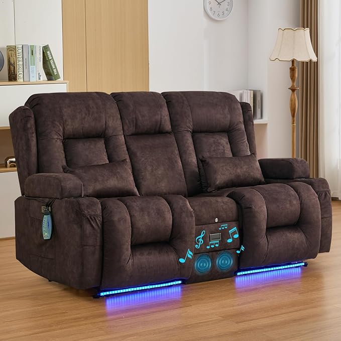 IPKIG 67" Power Reclining Loveseat Sofa, Electric Home Theater Seating with Console/4 Colors Ambient Lighting/Bluetooth Speakers/USB Ports/Built-in Outlets (Velvet-Brown, Loveseat Recliner)