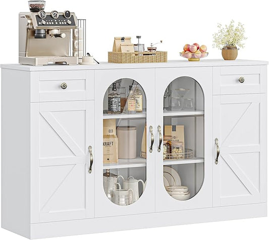 Keyluv Buffet Cabinet 55" Large Storage Coffee Bar with Drawer and Shelves, 3 Spacious Shelves Behind Glass Doors Sideboard Cabinet, Modern Farmhouse Furniture for Kitchen/Dining/Living Room, White