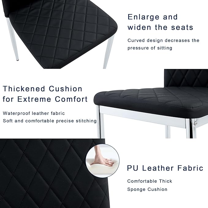 JT Modern Minimalist Dining Chair Fireproof Leather Sprayed Metal Pipe Diamond Grid Pattern Restaurant Home Conference Chair Set of 4 Or 6 (8, Black)