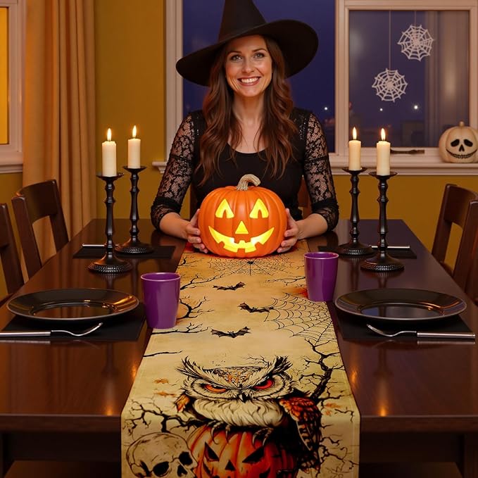 Halloween Table Runner with Owls, Bats & Spiders, Table Decoration for Dining Party and Home Decor,48x13 inches