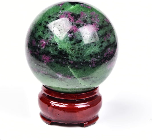 JIC Gem Small Red&Green Treasure Crystal Sphere Ball Natural Ruby Zoisite Healing Crystal Ball with Decoative Stand for Fengshui Meditation Decoation (50-60mm)