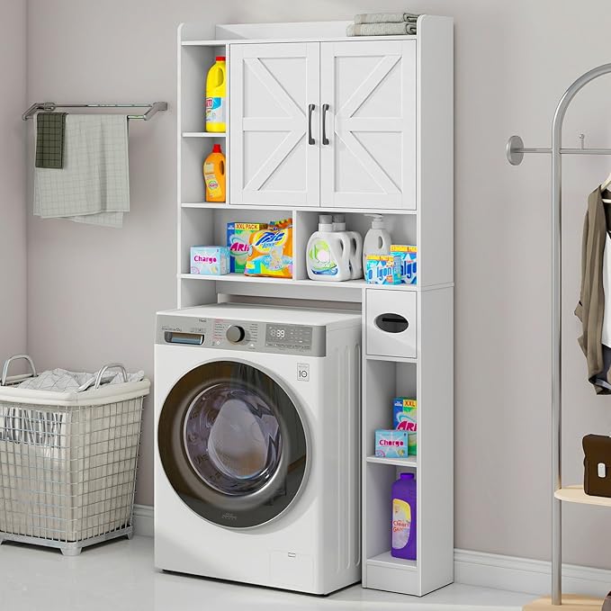 Over The Toilet Storage Cabinet, Farmhouse Storage Cabinet Over Toilet with 2 Barn Door & Toilet Paper Holder Stand，Home Space-Saving Toilet Rack, for Bathroom, Restroom, Laundry