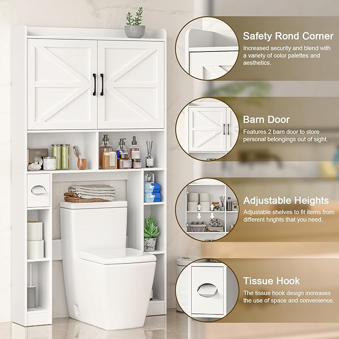 Over The Toilet Storage Cabinet, Farmhouse Toilet Cabinet Rack with Barn Doors, Space Saving Bathroom Organizer with Shelves, Toilet Paper Holder and Towel Rack for Bathroom,Restroom,Laundry（White）