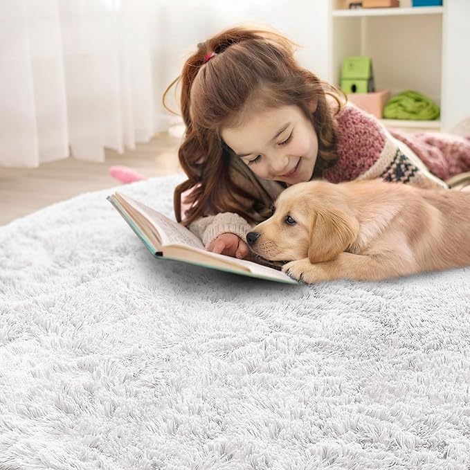 OLANLY White Round Rugs for Bedroom - Machine Washable, 8 ft Circle Area Rugs for Living Room, Soft and Fluffy Shaggy Carpet for Teen Girls and Boys, Nursery Rooms, Dorms, Home Decor Aesthetic