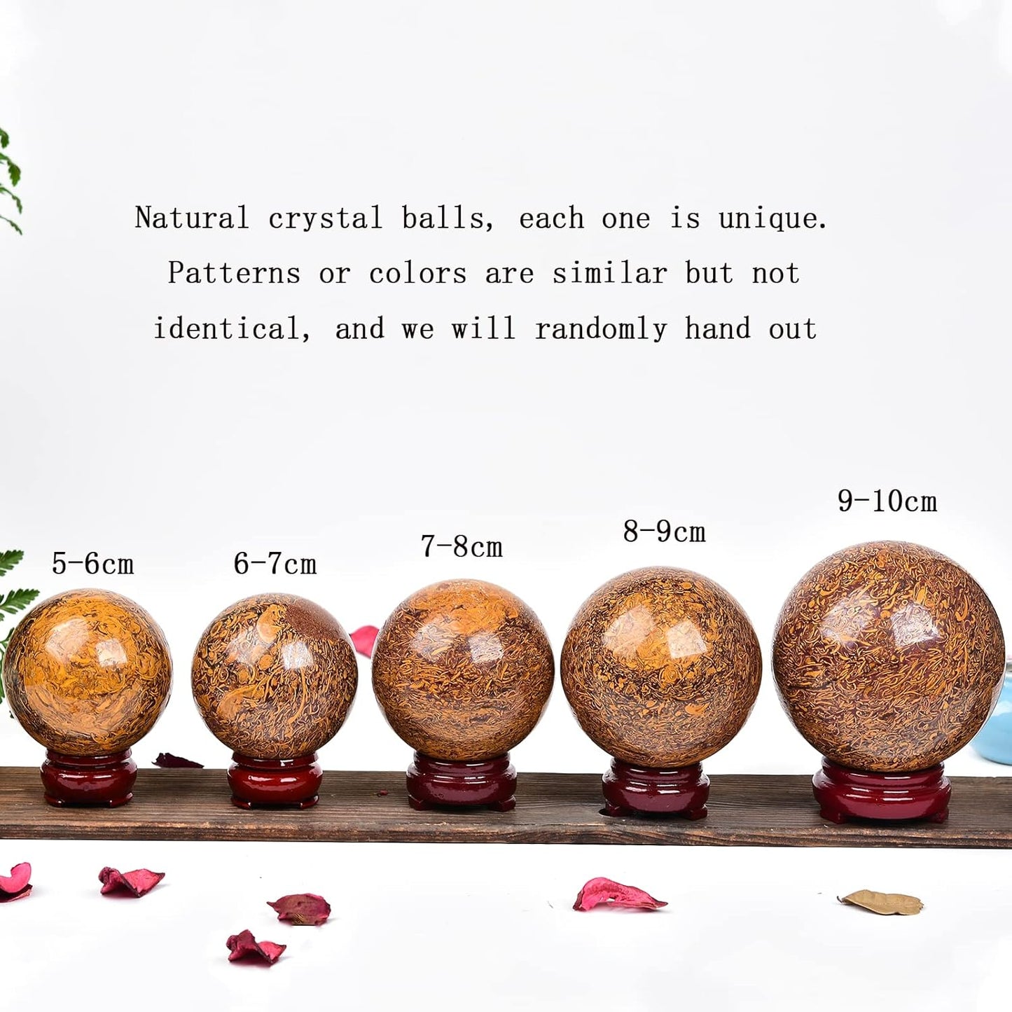 JIC Gem Real Natural Crystal Sphere Ball with Wooden Stand for Fengshui Golden Jade Healing Crystal Ball Decoation Meditation Energy Reiki Ball (90-100mm)