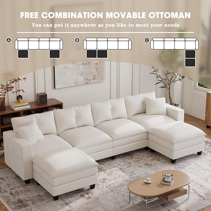 137",U Shaped Couch,Modern Modular Sectional Sofa, 4-Seater Comfy Cloud Couch with Two Movable Ottoman & Throw Pillows for Living Room, Bedroom and Apartment, Beige