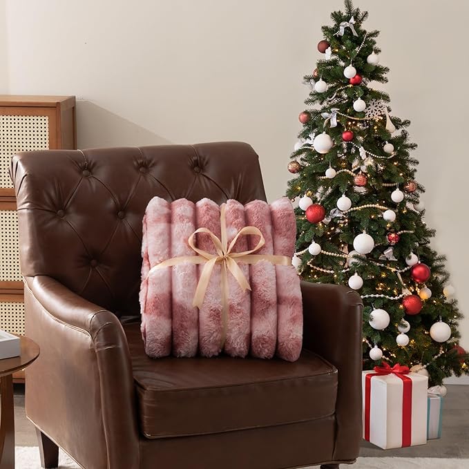 Throw Blanket for Couch - 60" x 80" Faux Rabbit Fur Throw Blanket Cozy Soft Warm Blankets for Bed Sofa Bedroom Living Room Fluffy Striped Blankets for Fall Winter, Home Decor, Pink