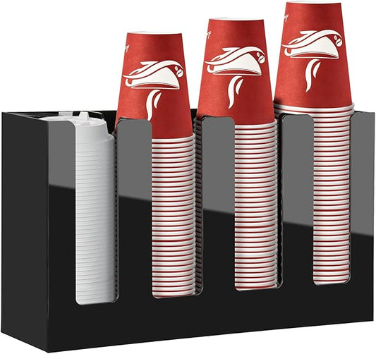 MYITYARD Coffee Cup Holder, Cup and Lid Organizer fits 5 to 16 oz Disposable Paper & Plastic Cups, Cup Dispenser Countertop, Acrylic Cup Storage for Home, Kitchen, Office (4 Compartment)