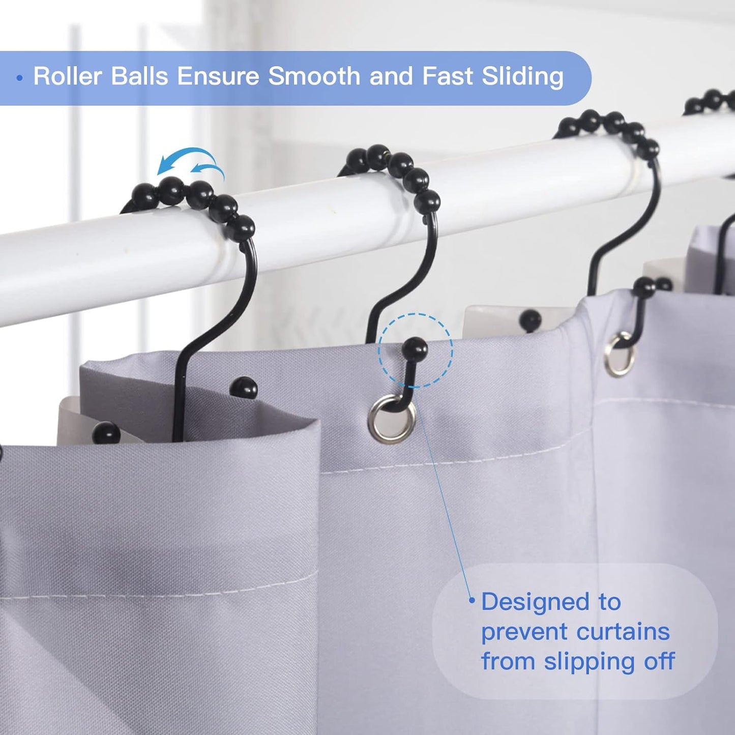 Shower Curtain Hooks, 12 Pcs Double Shower Curtain Hooks Rings, Black Shower Curtain Hooks Rust Proof, Stainless Steel Bathroom Shower Hooks for Shower Curtain, Towels, Clothing, Black