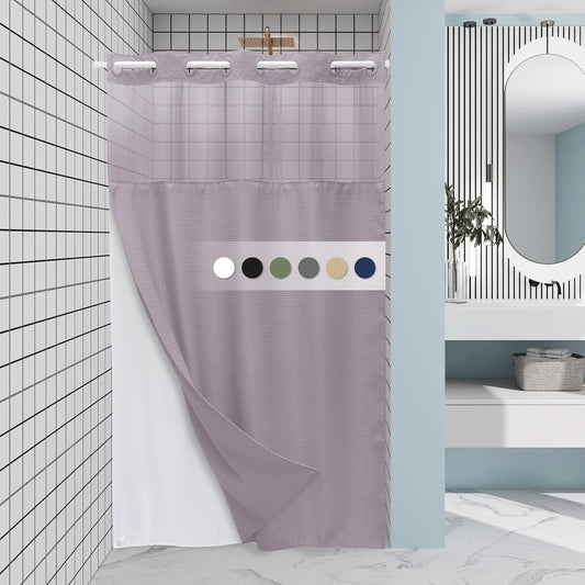 Lavender Stall No Hook Shower Curtain with Snap in Liner,230GSM Waffle Weave Shower Curtains for Bathroom,54W x 80H