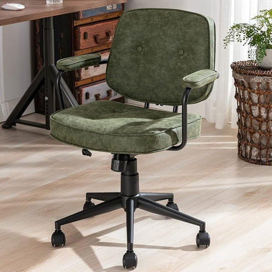 LukeAlon Adjustable Pu Leather Tiltable Office Chair, Comfy 360°Swivel Task Chair with Armrest Modern Thickened Seat Desk Chair with Button Tufted for Home Office, Green