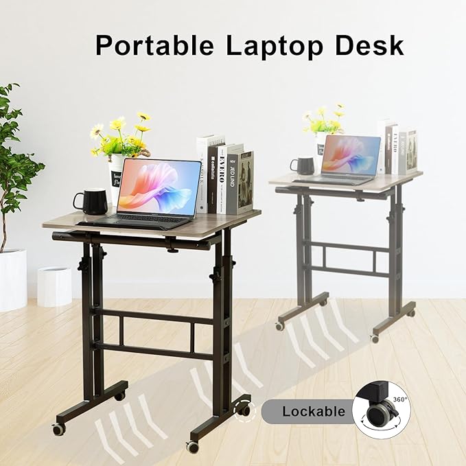 Hadulcet Mobile Standing Desk with Charging Station, Adjustable Standing Computer Desk, Standing Adjustable Laptop Cart with Wheels for Home Office Classroom Light Grey