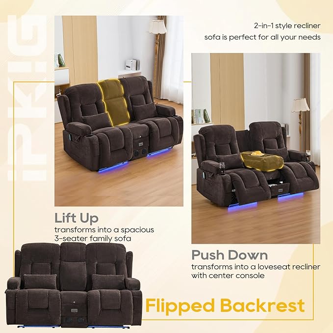 IPKIG 67" Power Reclining Loveseat Sofa, Electric Home Theater Seating with Console/4 Colors Ambient Lighting/Bluetooth Speakers/USB Ports/Built-in Outlets (Coffee, Loveseat Recliner)