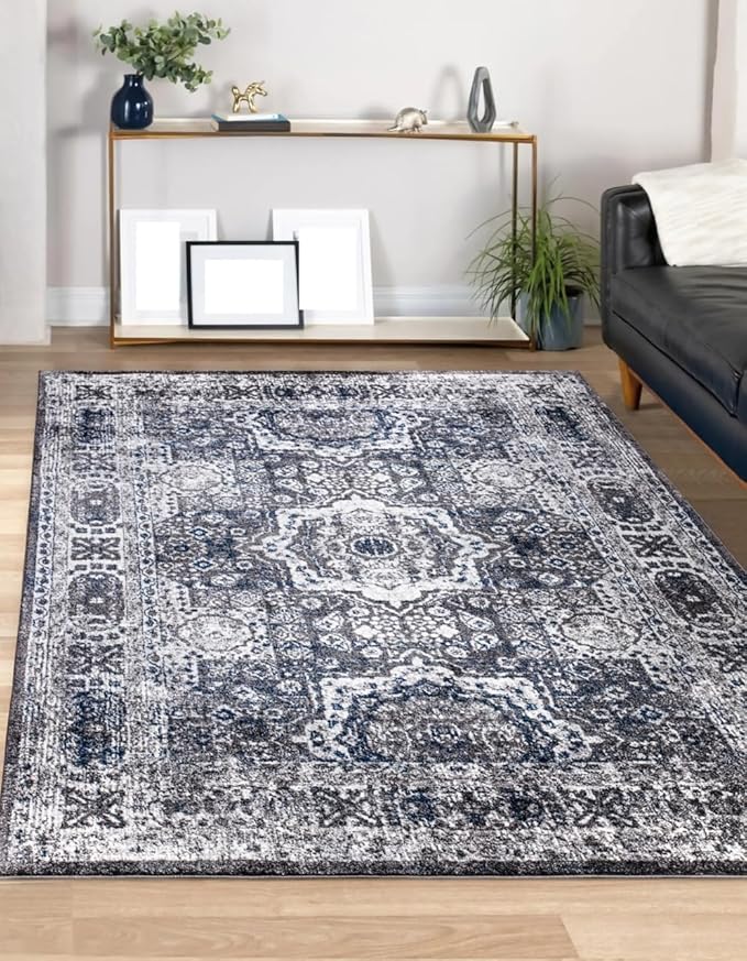 Keen Home Design Area Rugs - Non-Shedding, Thick Pile Abstract Rugs for Kitchen, Living Room, Bedroom, Dining Room, Entryway (Medallion Grey/Blue/Cream, 5'11'' x 9'2'')