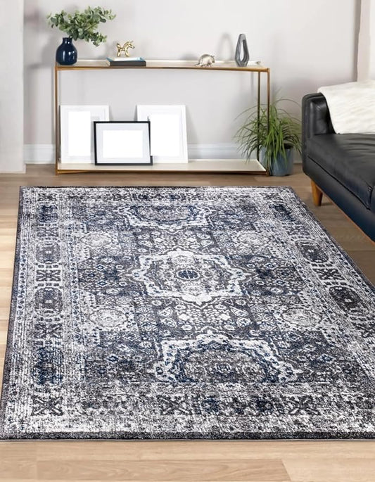 Keen Home Design Area Rugs - Non-Shedding, Thick Pile Abstract Rugs for Kitchen, Living Room, Bedroom, Dining Room, Entryway (Medallion Grey/Blue/Cream, 5'3'' x 7'7'')