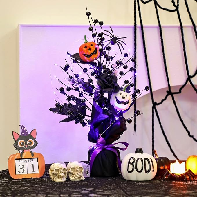 18 Inch Halloween Table Tree, LED Lighted Artificial Tree with Pumpkin,Spider, Black Berries,Halloween Centerpiece for Table, Holiday Party Home Decor