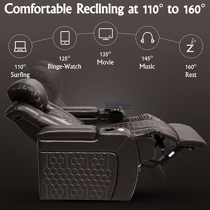 Home Theater Seating, Living Room, Powered Headrest, Powered Lumbar, Italian Leather, Powered Recline, Single Recliner (Coffee Color, Row of 1)