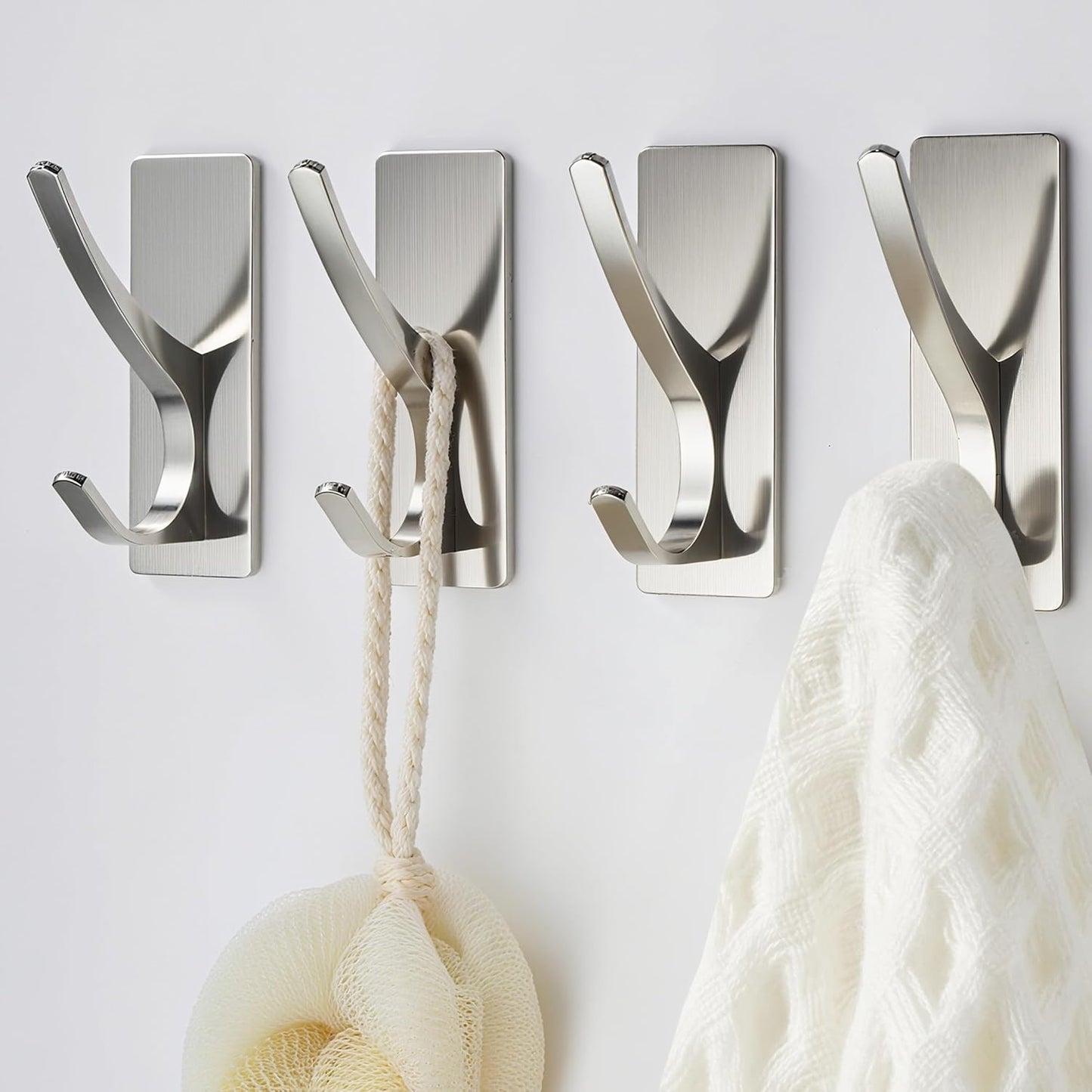 Self Adhesive Coat Hooks for Hanging: Heavy Duty Stainless Wall Hook for Towel, Backpack, Hat, Sturdy Metal Hanger for Bathroom, Bedroom, Door, Brushed Nickel 4 Pack
