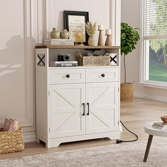 31.5" White Storage Cabinet with Doors and Drawers, Farmhouse Sideboard Buffet Cabinet with Storage, Kitchen Pantry Hutch, Coffee Bar Table Station for Kitchen, Livingroom, Dining Room