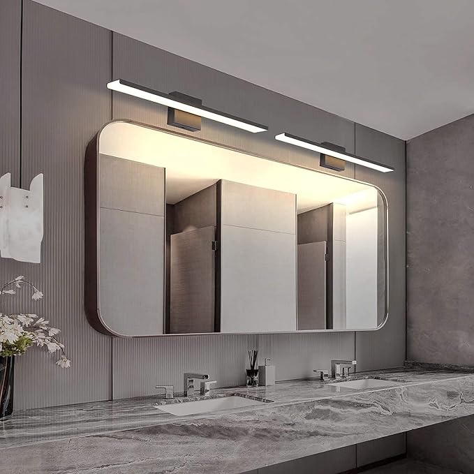 JUSHENG Bathroom Vanity Light Fixtures Aluminum & Stainless Steel Wall Mirror Vanity Light Fixtures for Bathroom & Bedroom Black Dimmable 24W 24" 3000K