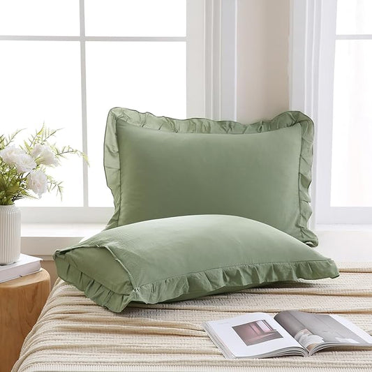 Merryword Avocado Green Pillowcases King Size Ruffled Pillow Shams Set of 2 Cute Pillowcases Solid Green Shabby Chic Pillow Cover 2 Pack