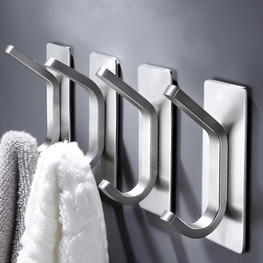 DELITON Adhesive Towel Hooks for Bathroom - 4 Pack Heavy Duty Stick on Wall Hooks, Waterproof Robe/Coat Hangers for Kitchen, Shower (Silver, Stainless Steel)
